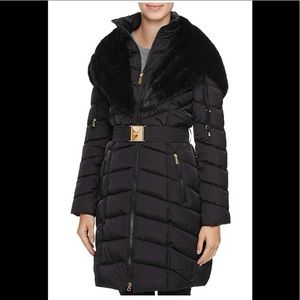 Black faux fur hooded puffer coat with belt